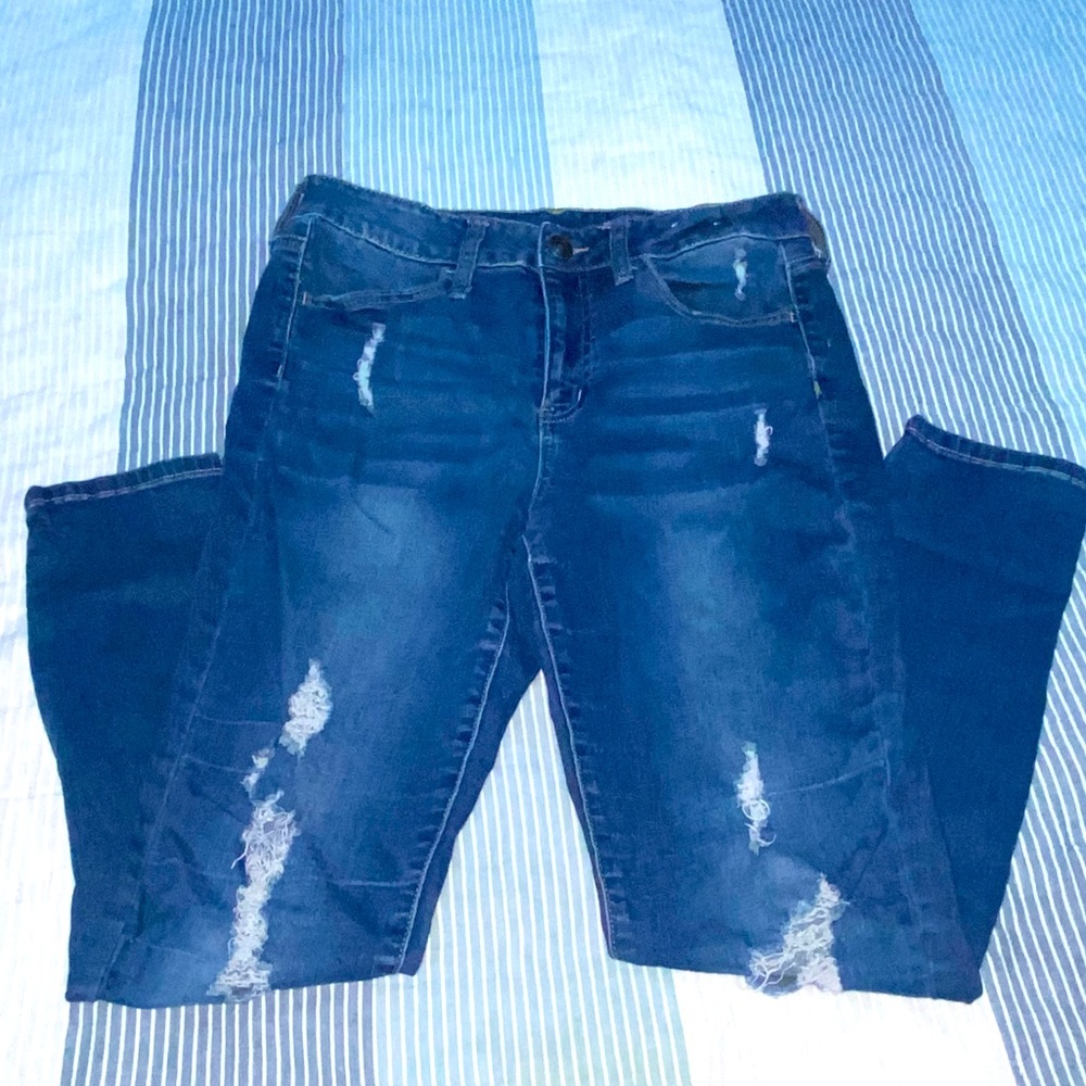 So Juniors Sz 11 Blue Distressed High-Rise Ultimate Ankle Jeggings Denim Jeans B